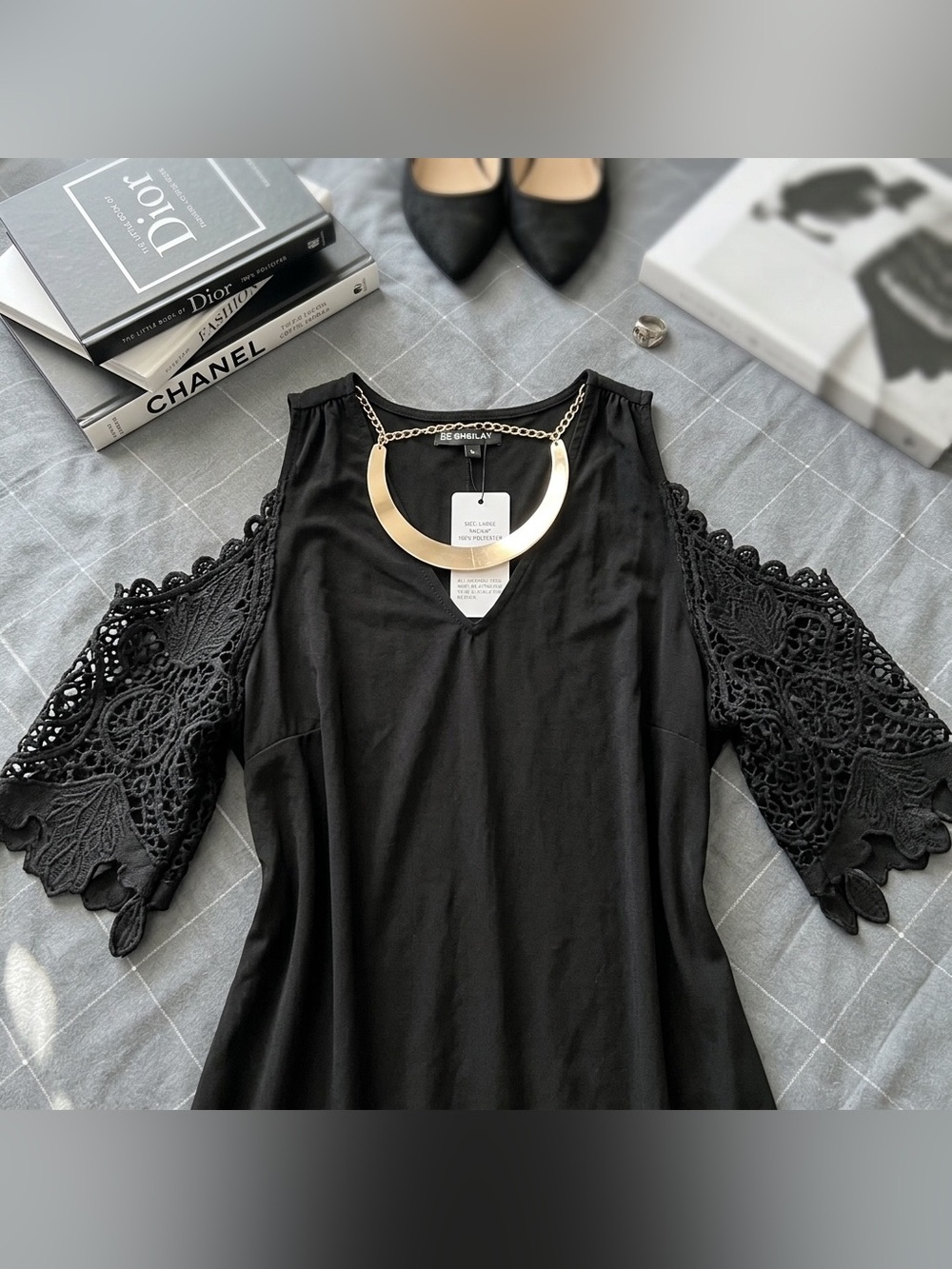 SHEILAY Black Cold Shoulder Lace Sleeve Dress Size Large NWT Cocktail